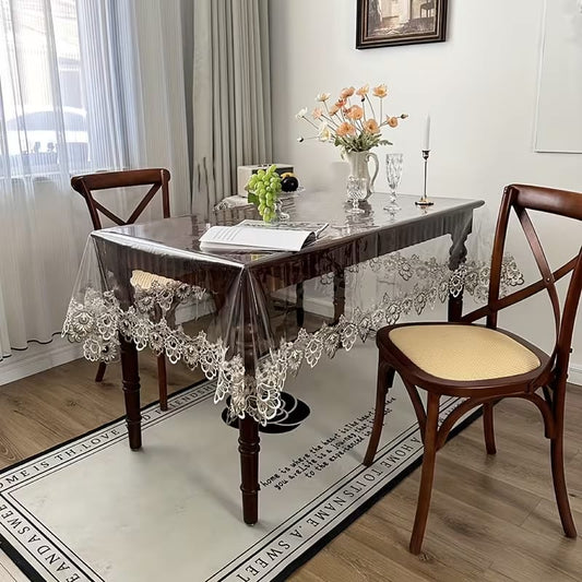 6 Seater Transparent PVC Embroidered Tablecloth with Lace Trim – Waterproof Table Cover for Dining, Parties & Home Decor