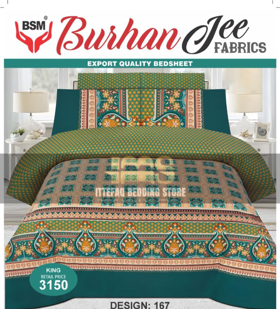 3-Piece King Double Burhan Jee Bed Sheet Set: Includes a flat sheet (94" x 98") and two pillowcases (19" x 29"). Crafted for comfort and elegance, perfect for any bedroom.