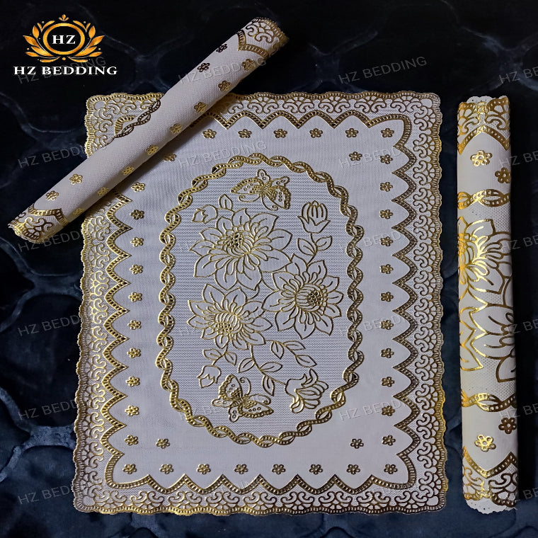 3pcs Premium center table dressing table and side Table Mat Golden Large pcs size(14×36) And small 2pcs size(11×17) Inches material vinyl soft plastic Premium