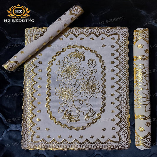 3pcs Premium center table dressing table and side Table Mat Golden Large pcs size(14×36) And small 2pcs size(11×17) Inches material vinyl soft plastic Premium