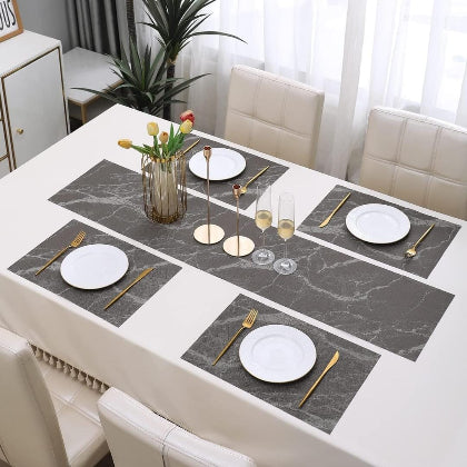 7Pcs Table Mat & Table Runner Black Marble Design Set Heat Resistant Placemats, Stain Resistant Washable PVC Table Mats for Dining Table Woven Placemat