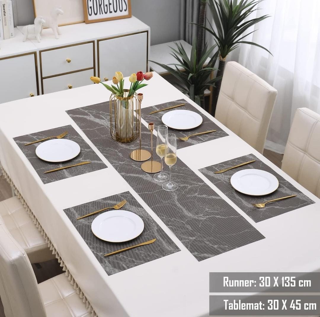7Pcs Table Mat & Table Runner Black Marble Design Set Heat Resistant Placemats, Stain Resistant Washable PVC Table Mats for Dining Table Woven Placemat