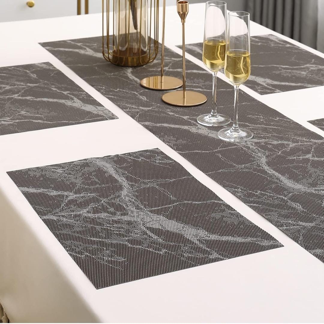 7Pcs Table Mat & Table Runner Black Marble Design Set Heat Resistant Placemats, Stain Resistant Washable PVC Table Mats for Dining Table Woven Placemat