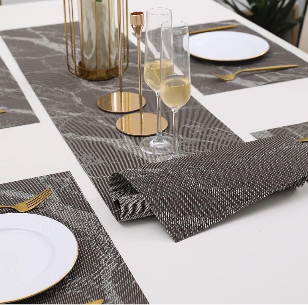 7Pcs Table Mat & Table Runner Black Marble Design Set Heat Resistant Placemats, Stain Resistant Washable PVC Table Mats for Dining Table Woven Placemat