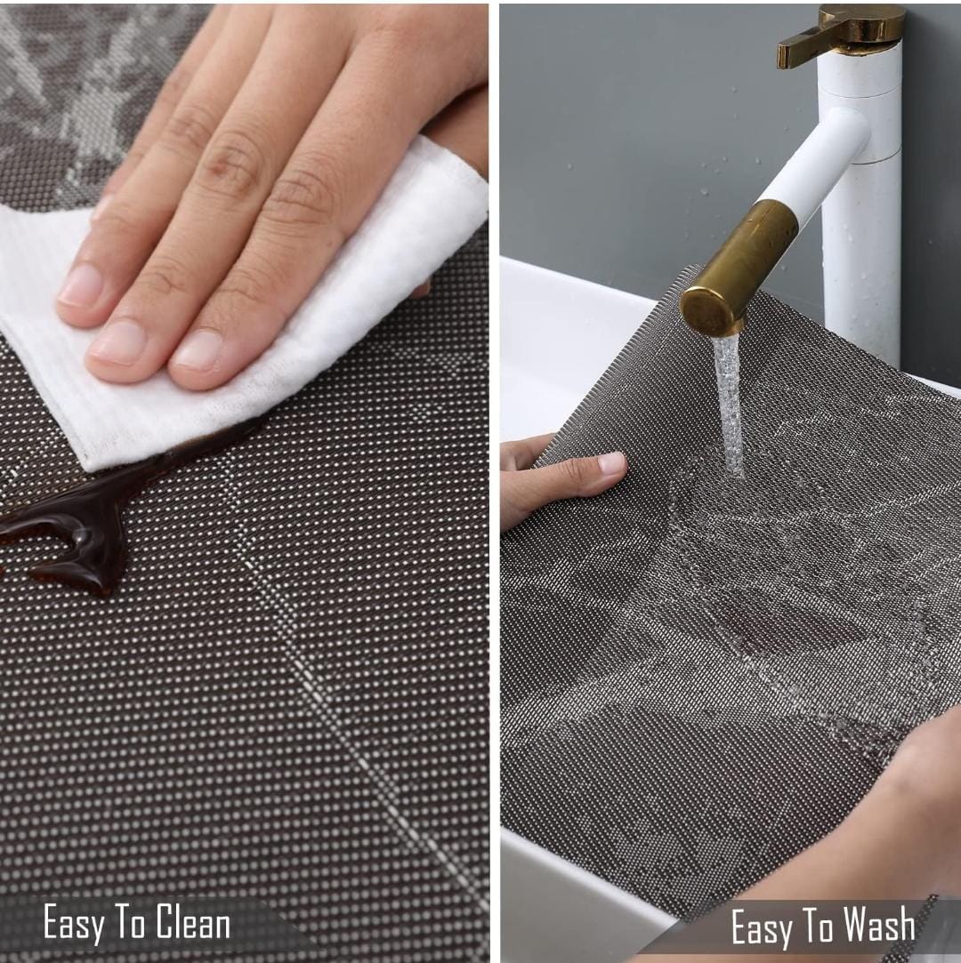 7Pcs Table Mat & Table Runner Black Marble Design Set Heat Resistant Placemats, Stain Resistant Washable PVC Table Mats for Dining Table Woven Placemat