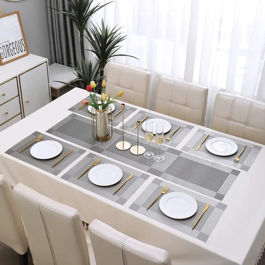 7Pcs Table Mat & Table Runner Grey Color Set Heat Resistant Placemats, Stain Resistant Washable PVC Table Mats for Dining Table Woven Placemat