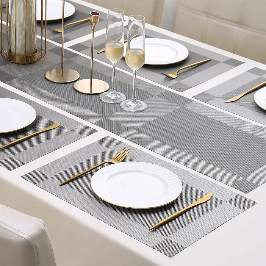 7Pcs Table Mat & Table Runner Grey Color Set Heat Resistant Placemats, Stain Resistant Washable PVC Table Mats for Dining Table Woven Placemat