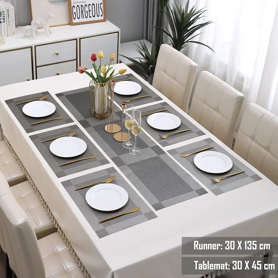 7Pcs Table Mat & Table Runner Grey Color Set Heat Resistant Placemats, Stain Resistant Washable PVC Table Mats for Dining Table Woven Placemat