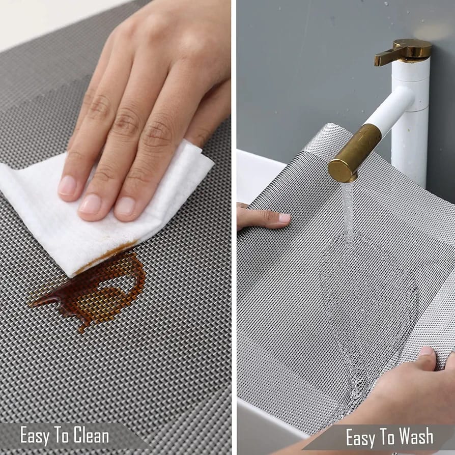 7Pcs Table Mat & Table Runner Grey Color Set Heat Resistant Placemats, Stain Resistant Washable PVC Table Mats for Dining Table Woven Placemat