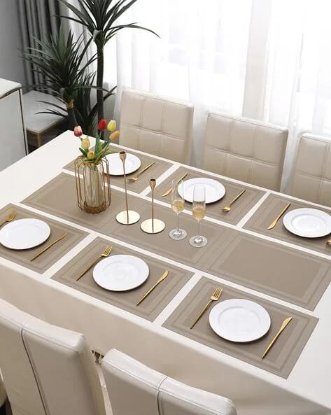 7Pcs Table Mat & Table Runner New Beige Color Set Heat Resistant Placemats, Stain Resistant Washable PVC Table Mats for Dining Table Woven Placemat