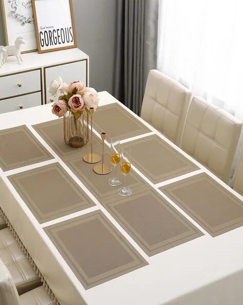 7Pcs Table Mat & Table Runner New Beige Color Set Heat Resistant Placemats, Stain Resistant Washable PVC Table Mats for Dining Table Woven Placemat