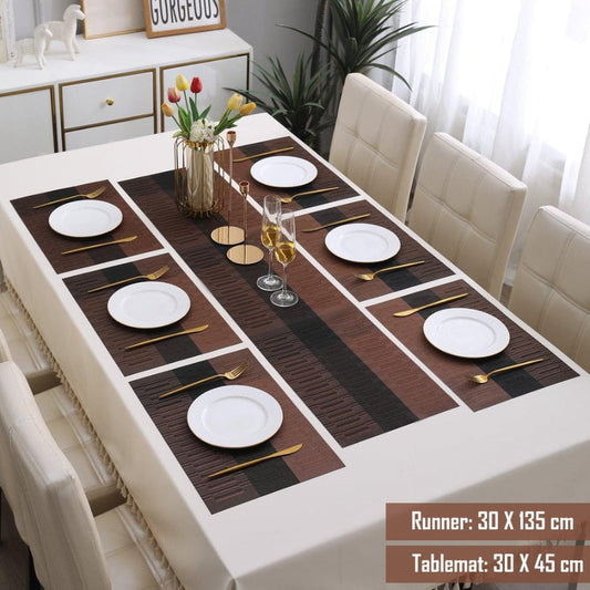 7Pcs Table Mat & Table Runner New Brown  Black Color Set Heat Resistant Placemats, Stain Resistant Washable PVC Table Mats for Dining Table Woven Placemat