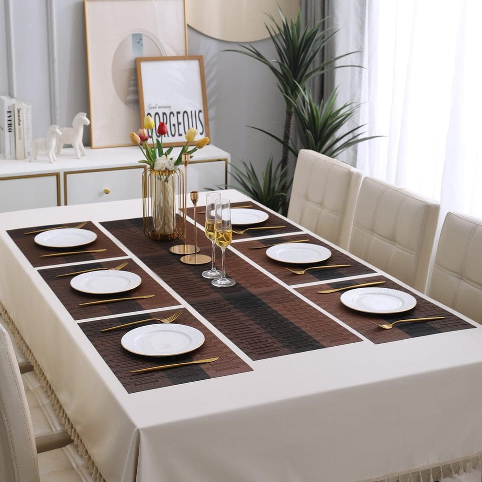 7Pcs Table Mat & Table Runner New Brown  Black Color Set Heat Resistant Placemats, Stain Resistant Washable PVC Table Mats for Dining Table Woven Placemat