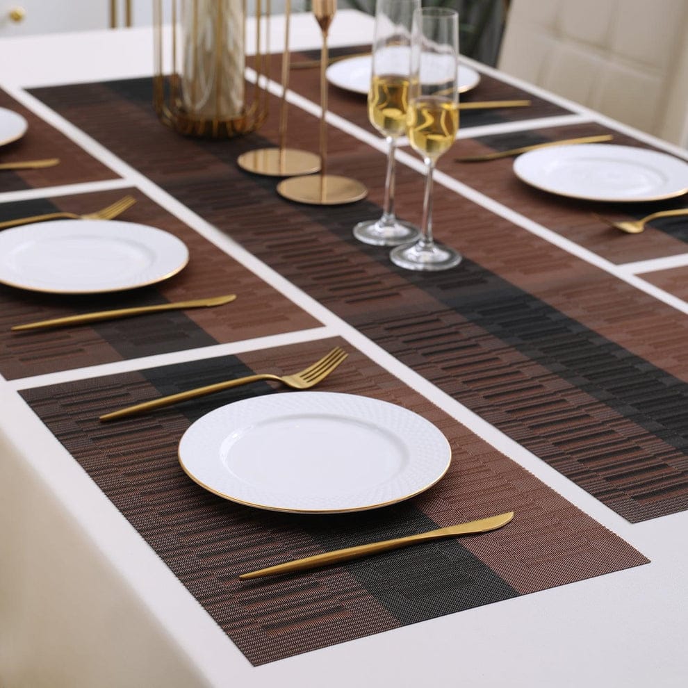 7Pcs Table Mat & Table Runner New Brown  Black Color Set Heat Resistant Placemats, Stain Resistant Washable PVC Table Mats for Dining Table Woven Placemat