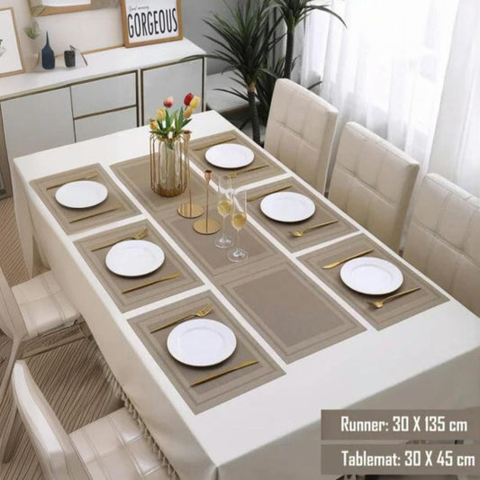 7Pcs Table Mat & Table Runner New Beige Color Set Heat Resistant Placemats, Stain Resistant Washable PVC Table Mats for Dining Table Woven Placemat
