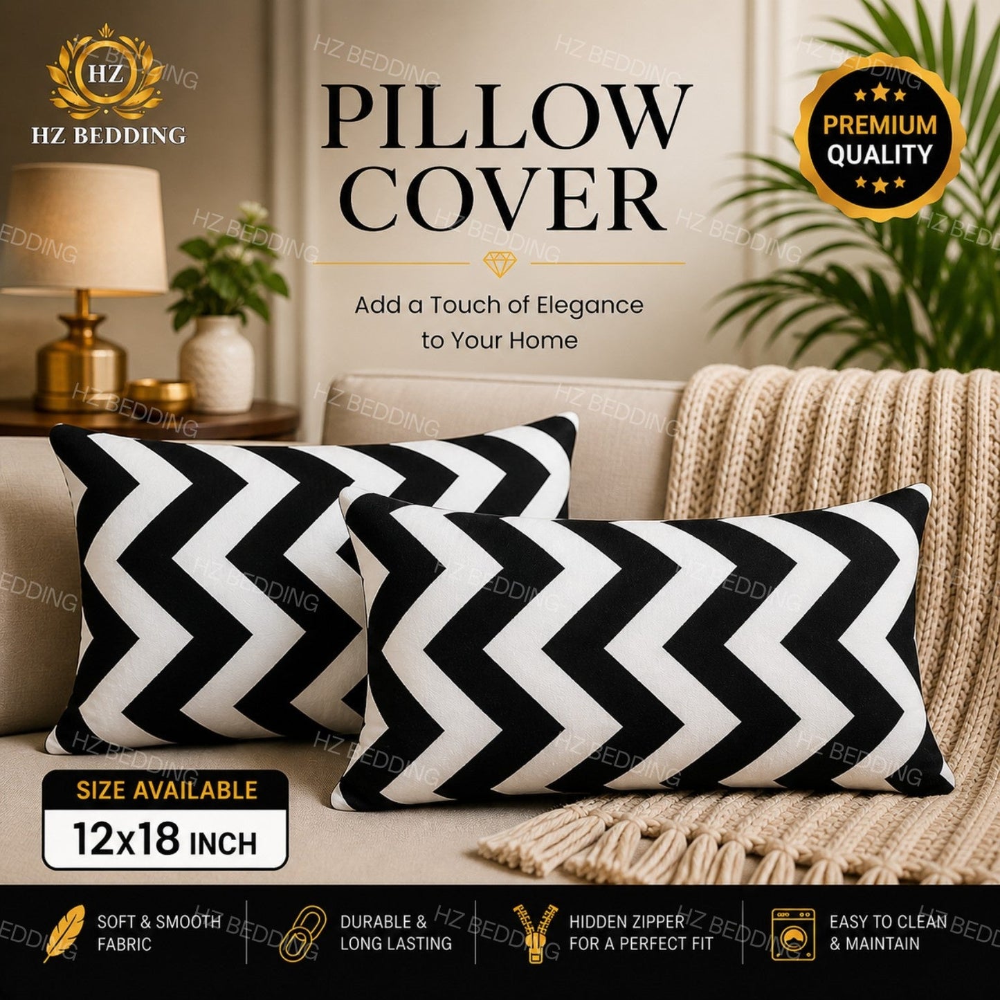 Black & White Zigzag Cushion Covers – 16x16 & 18x18 inch