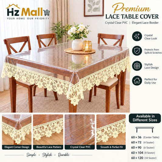 4/6/8/10 Seater Premium Transparent Table Cover with Elegant Lace Design – Waterproof PVC Table Cloth