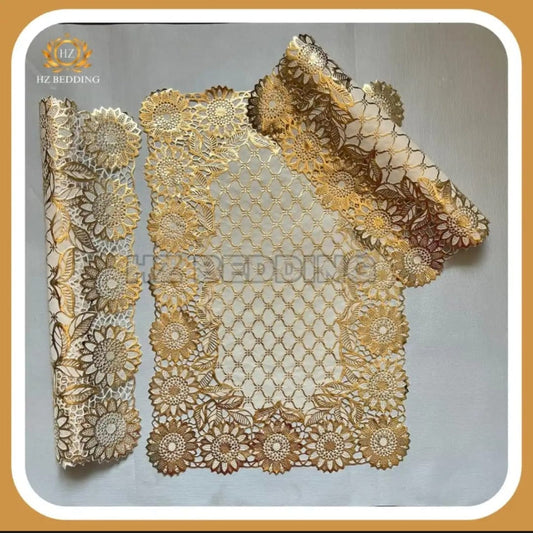 3pcs center table dressing table and side Table Mat Golden Large pcs size(15×36) And small 2pcs size(12×18) Inches material vinyl soft plastic Premium Golden