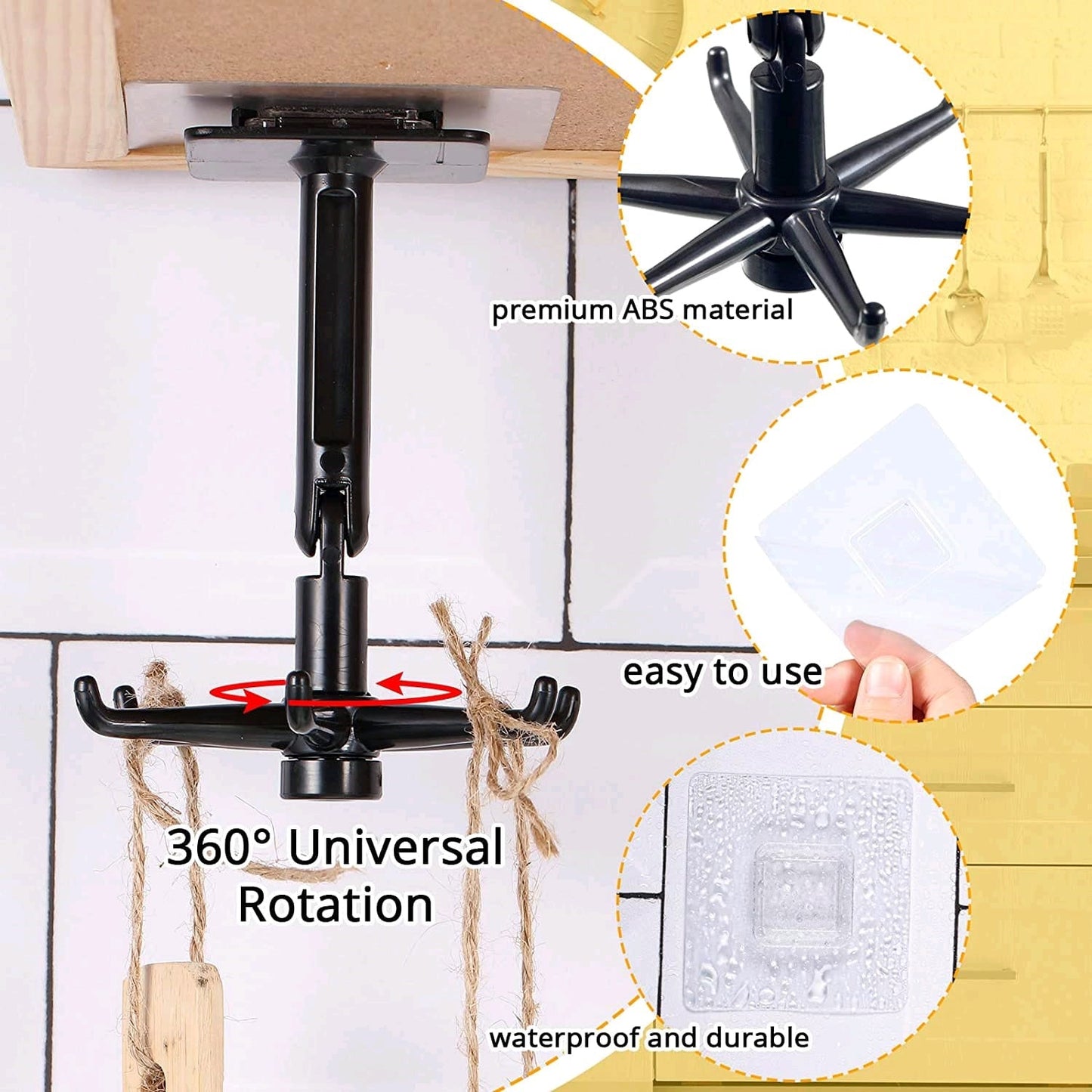 360 Degrees Self-Adhesive Hook Kitchen Bathroom Storage Hanger Wall Hanging Cabinet Shelf Rotating Folding Hooks Foldable Rotatable Mounted Organizer Holder Moisture Proof Swivel Seamless Hangers Mount Adhesive Strong Bearing Manual Detachable
