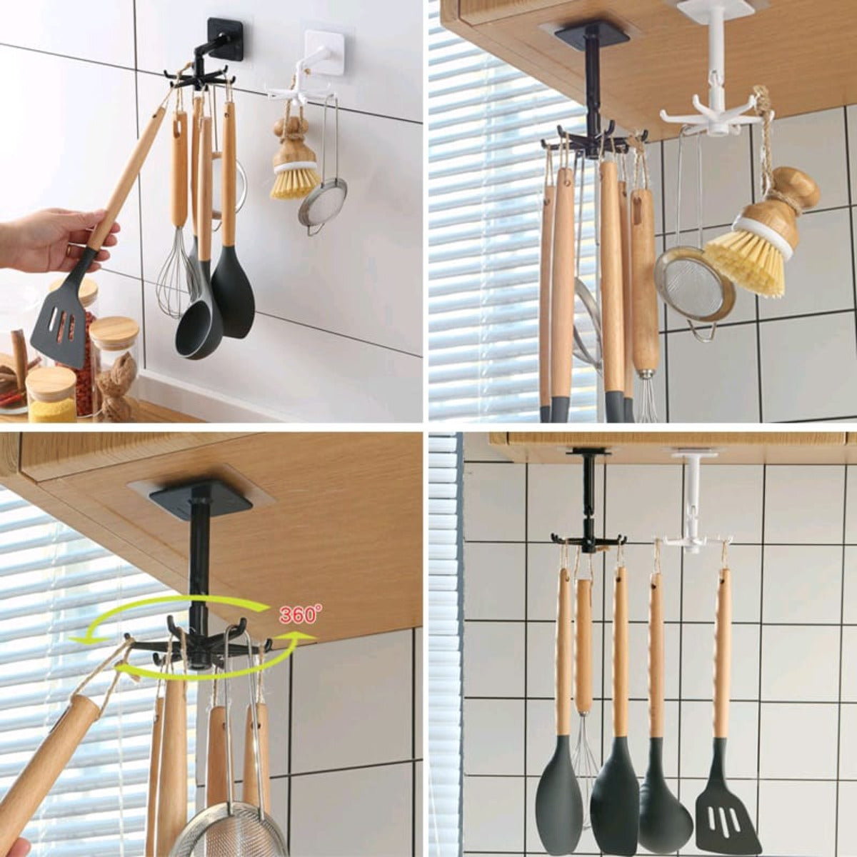 360 Degrees Self-Adhesive Hook Kitchen Bathroom Storage Hanger Wall Hanging Cabinet Shelf Rotating Folding Hooks Foldable Rotatable Mounted Organizer Holder Moisture Proof Swivel Seamless Hangers Mount Adhesive Strong Bearing Manual Detachable