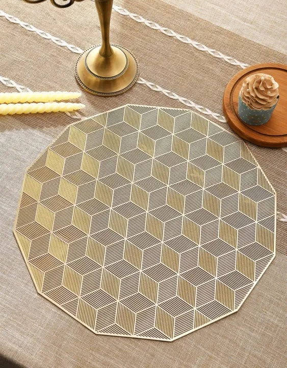 2/4/6 PVC Placemats & Coaster Golden Color Geometric Hollow Out Rose Flower Non Slip Dining Table Mats Coaster