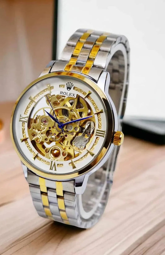 Premium RIZEN Skeleton Men's Watch – Mechanical Movement, Brass Case, Steel Chain