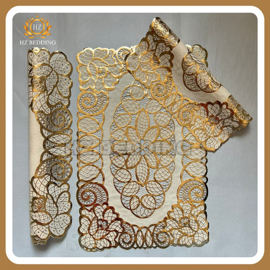 3pcs center table dressing table and side Table Mat Golden Large pcs size(15×36) And small 2pcs size(12×18) Inches material vinyl soft plastic Premium Golden