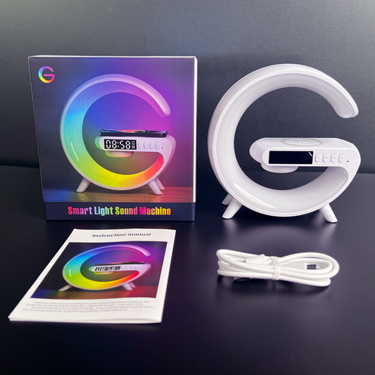 RGB G-Shape 4-in-1 Lamp – Bluetooth Speaker, Alarm Clock & Wireless Charger