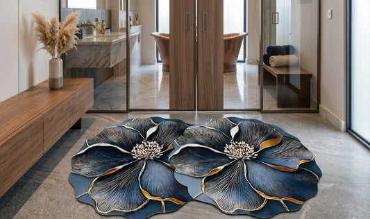 Gold Floral Bathroom Rug, Indoor Outdoor Mat, Washable Bedroom Carpet