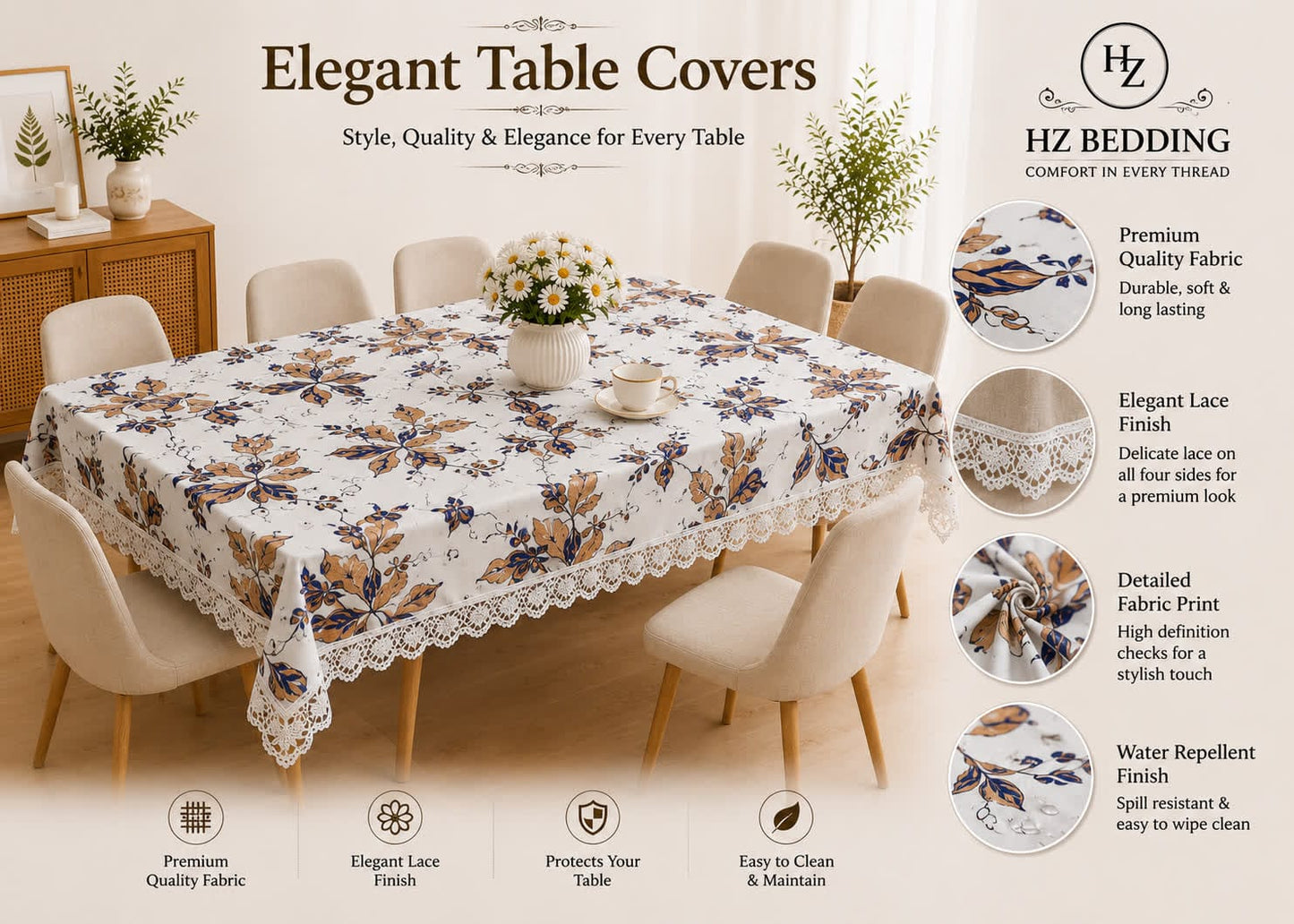 4/6/8 Seater Waterproof Table Cover with Elegant Lace Border New Design A