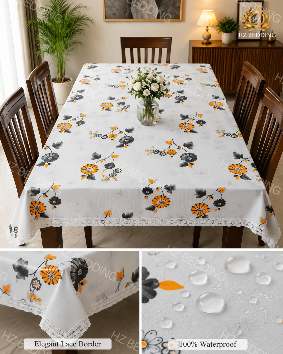 4/6/8 Seater Waterproof Table Cover with Elegant Lace Border New Design C