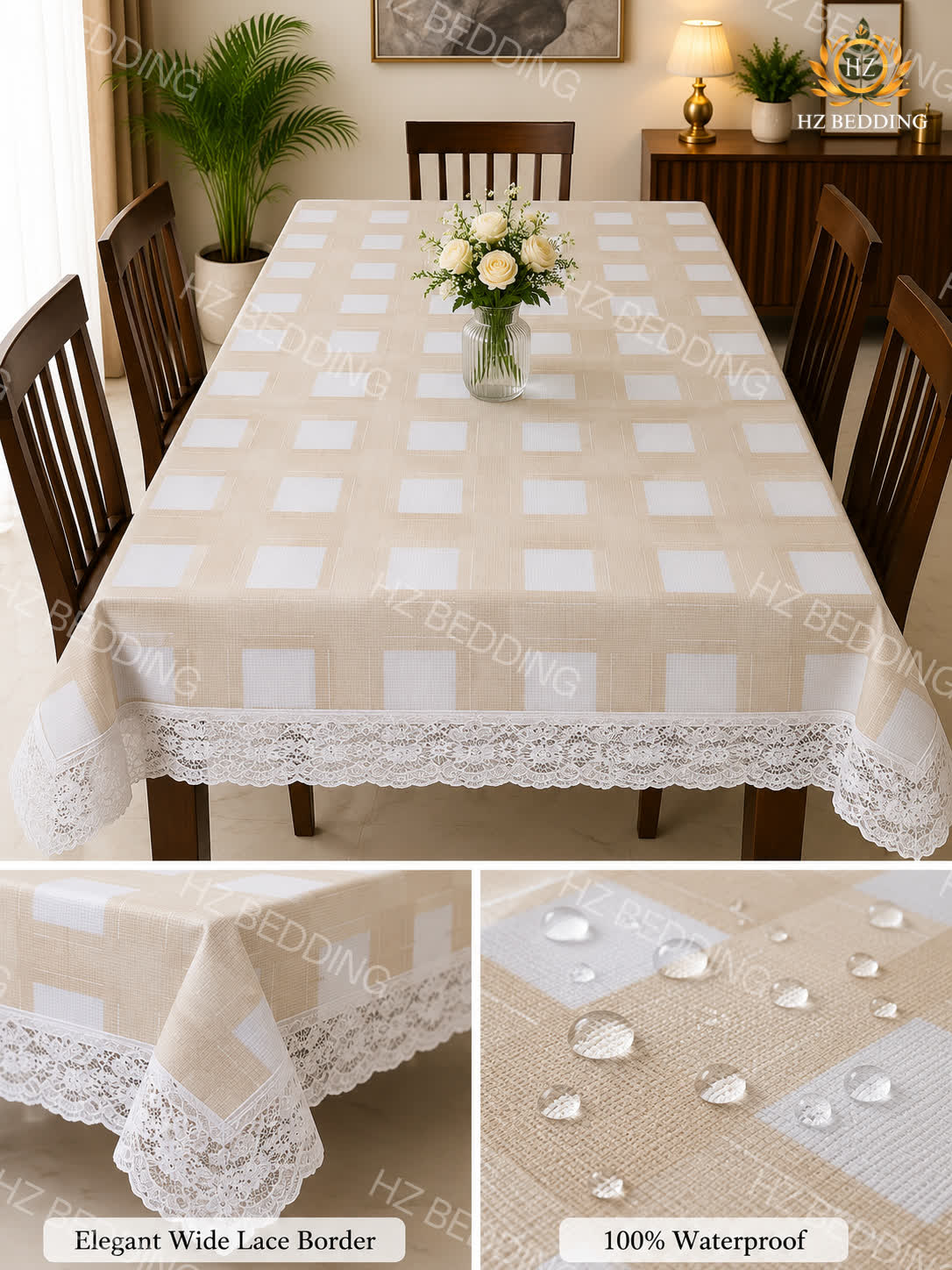 4/6/8 Seater Waterproof Table Cover with Elegant Lace Border New Design D