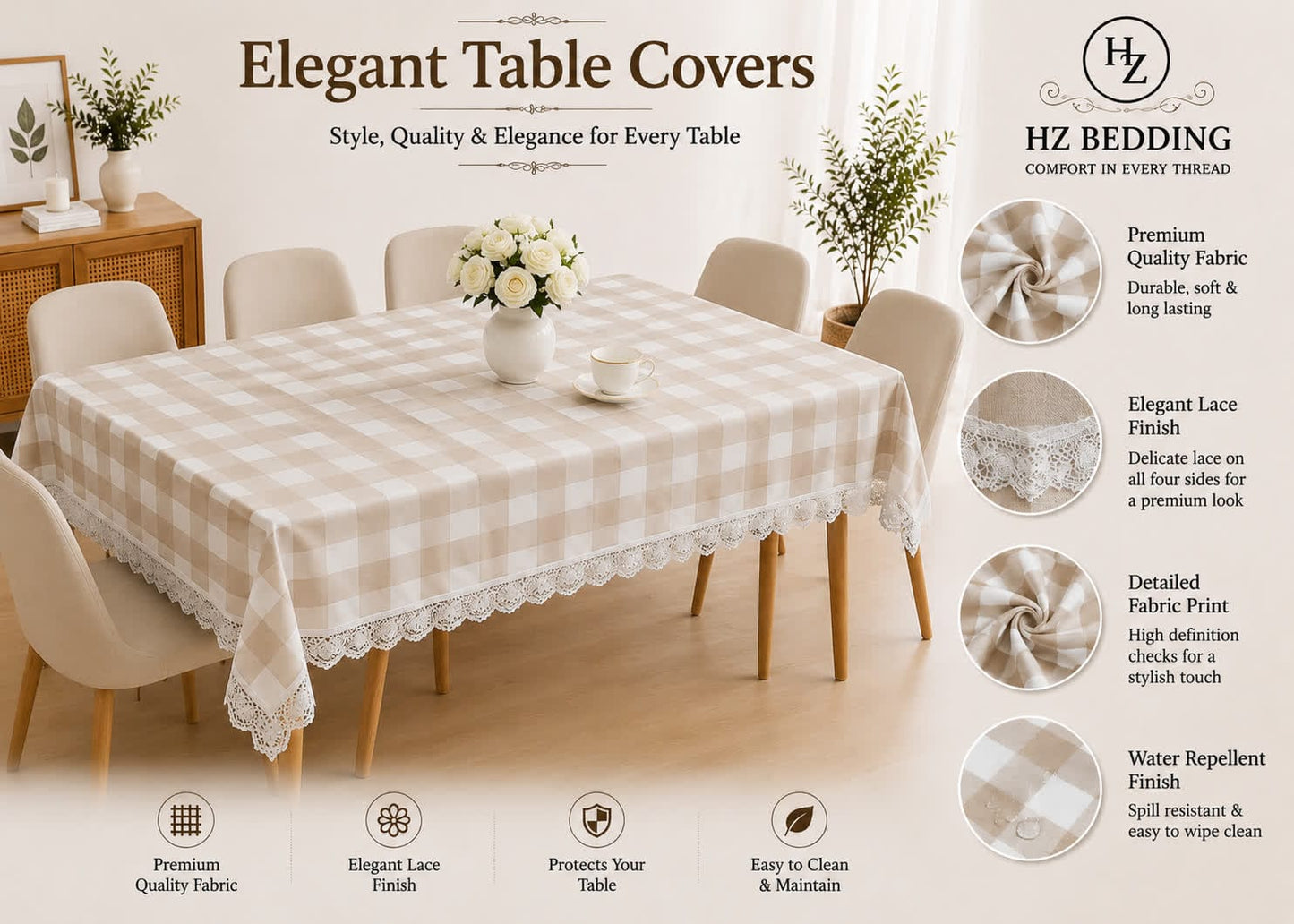4/6/8 Seater Waterproof Table Cover with Elegant Lace Border New Design D