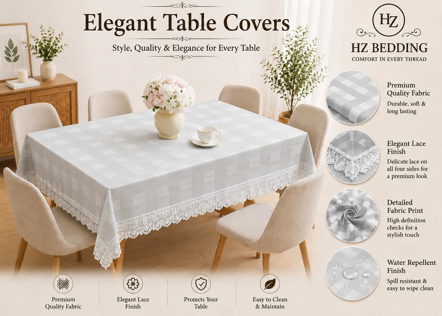 4/6/8 Seater Waterproof Table Cover with Elegant Lace Border New Design E