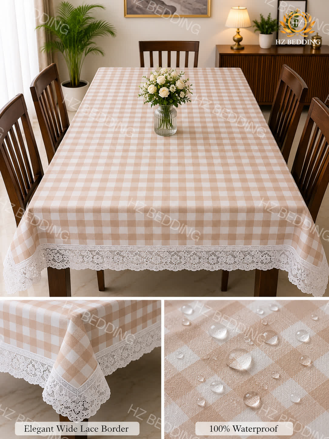 4/6/8 Seater Waterproof Table Cover with Elegant Lace Border New Design G