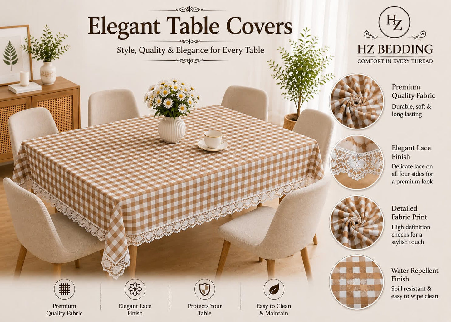 4/6/8 Seater Waterproof Table Cover with Elegant Lace Border New Design G