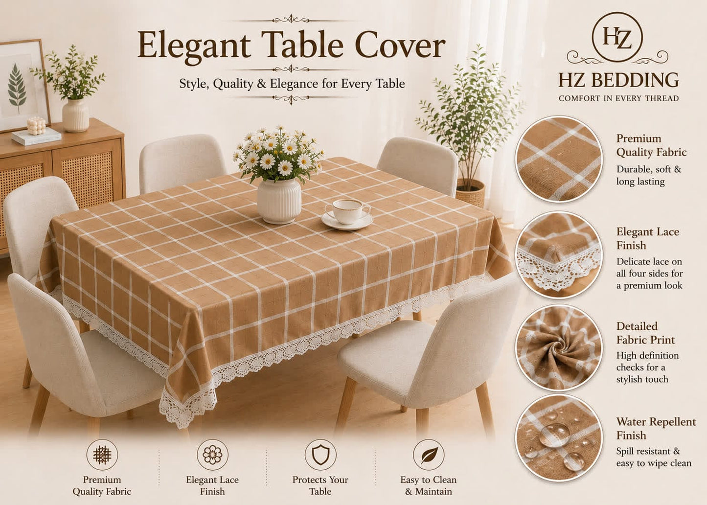 4/6/8 Seater Waterproof Table Cover with Elegant Lace Border New Design H