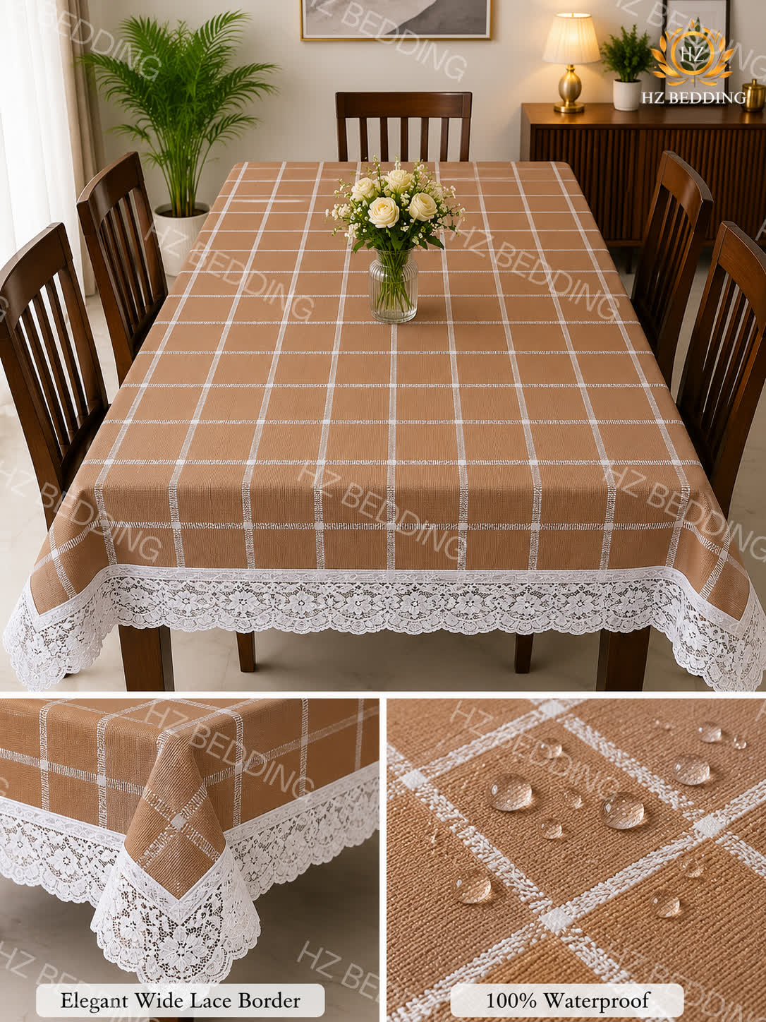 4/6/8 Seater Waterproof Table Cover with Elegant Lace Border New Design H