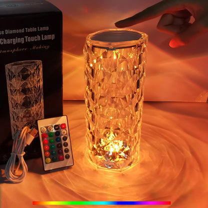 Rose Diamond Crystal Table Lamp – Rechargeable RGB Touch Control Lamp with Remote (16 Colors)