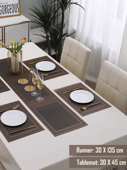 5 Pieces Brown A PVC Washable Placemats with Runner