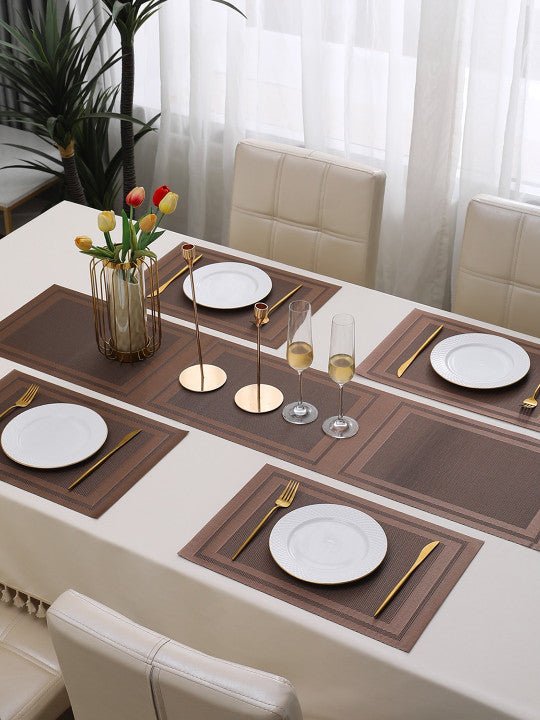 5 Pieces Brown A PVC Washable Placemats with Runner