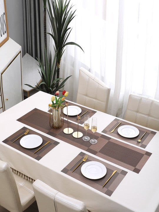 5 Pieces Brown PVC Washable Placemats with Runner