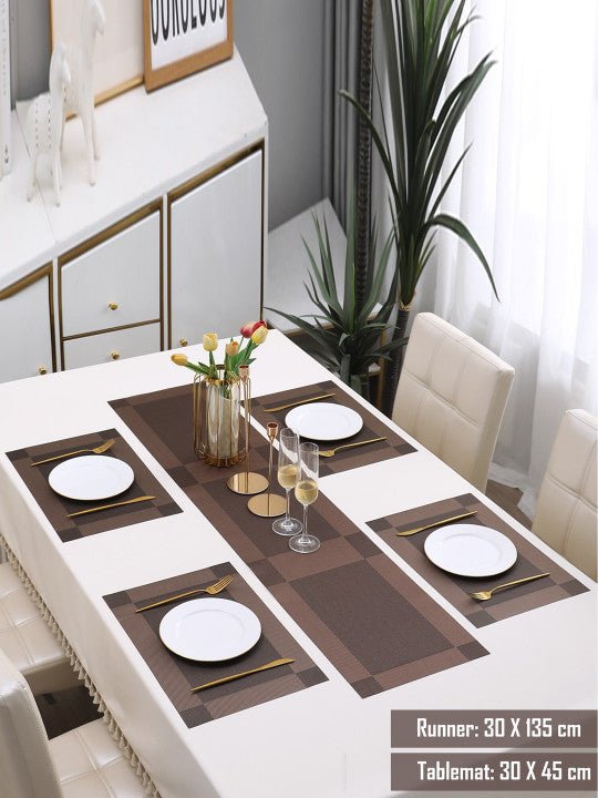 5 Pieces Brown PVC Washable Placemats with Runner