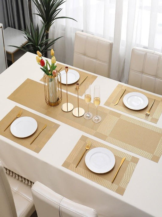 5 Pieces Golden PVC Washable Placemats with Runner