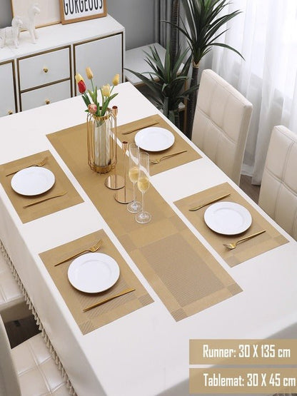 5 Pieces Golden PVC Washable Placemats with Runner