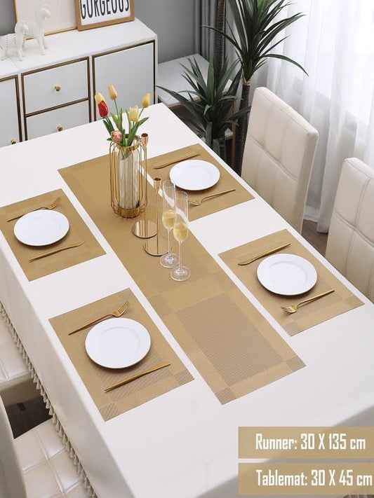 5 Pieces Golden PVC Washable Placemats with Runner