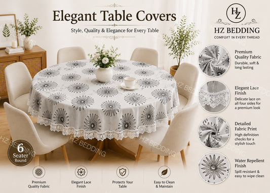 6 Seater Round Waterproof Table Cover with Elegant Lace Border New Design D