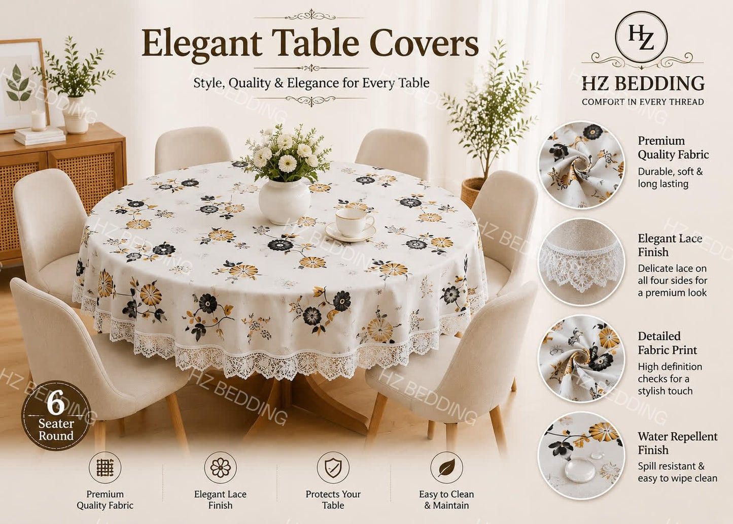 6 Seater Round Waterproof Table Cover with Elegant Lace Border New Design F