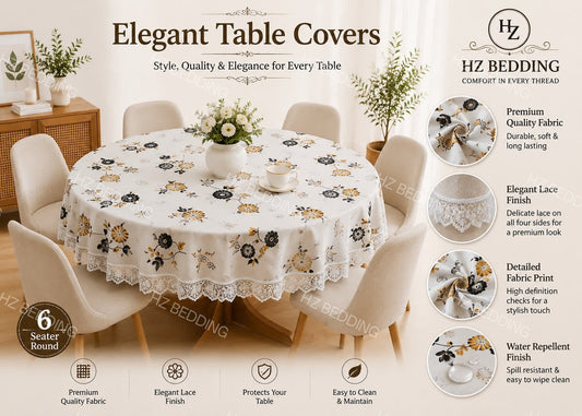 6 Seater Round Waterproof Table Cover with Elegant Lace Border New Design F