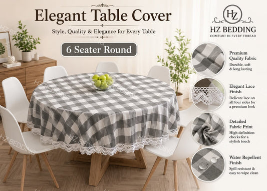 6 Seater Round Waterproof Table Cover with Elegant Lace Border New Design I